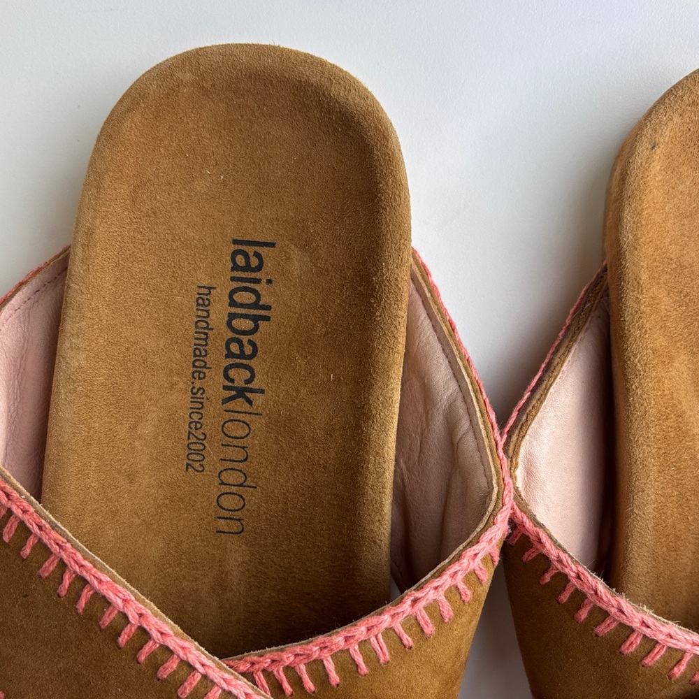 Laidback London Women's Brown Suede Crisscross Sandals with Pink Stitching NWOT - Picture 2 of 9